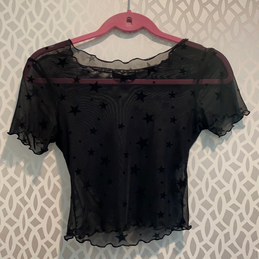 Dance & Marvel fitted lettuce trim mesh star top